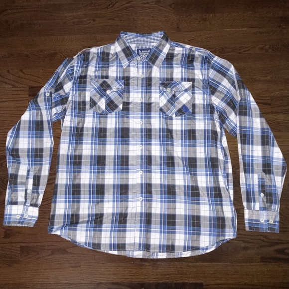Akademiks Other - Mens Akademiks Black Blue White Plaid Button Front Shirt Size 5XL XXXXXL